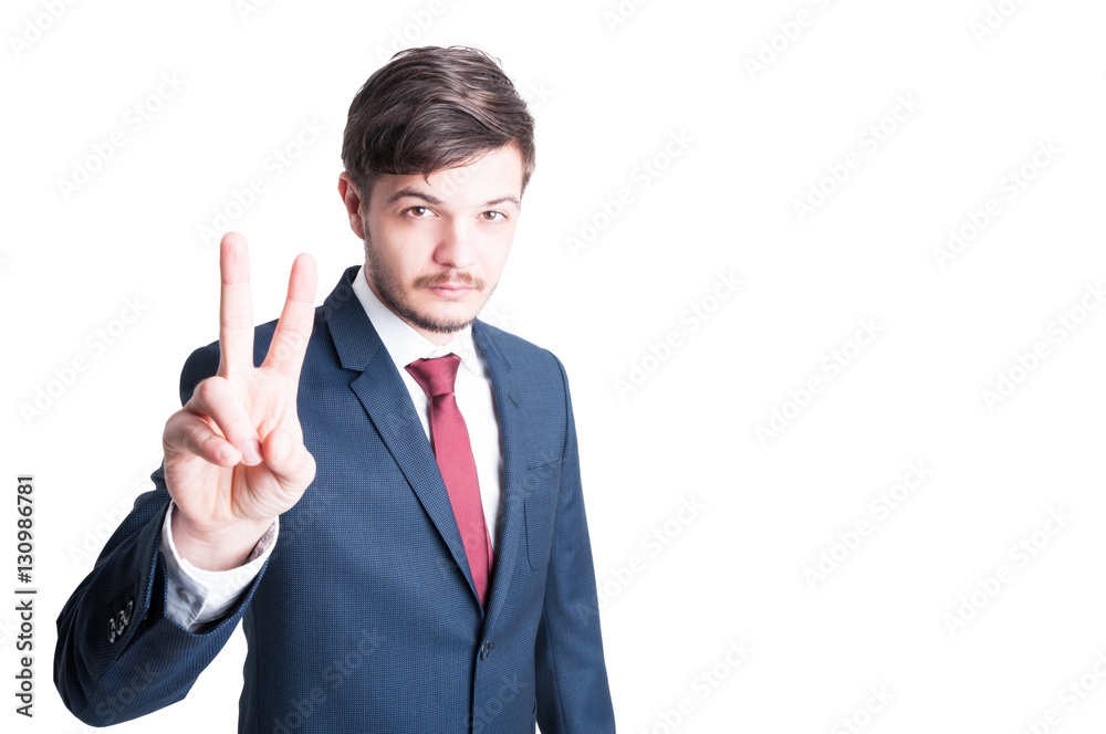 Marketing manager or sales man making peace gesture Marketing manager or sales man making peace gesture