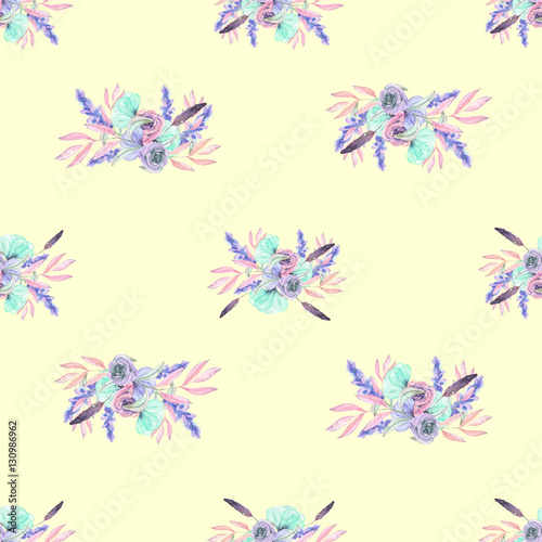 Seamless pattern with isolated watercolor floral bouquets from tender flowers and leaves in pink, mint and purple pastel shades, hand drawn on a light yellow background