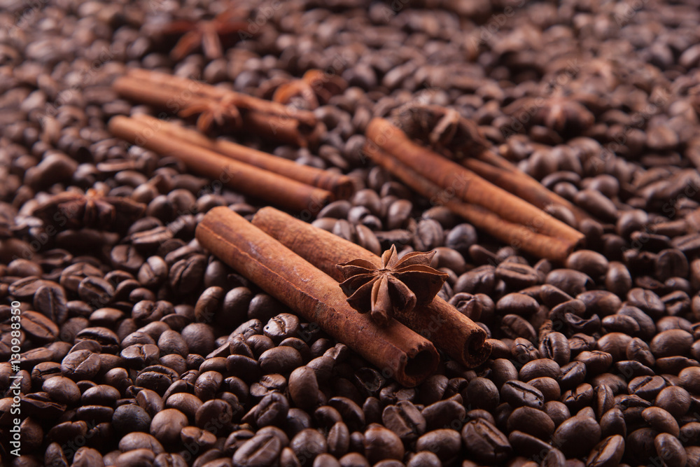 Fototapeta seasoning cinnamon (Cinnamomum) and anise (Anisium vulgare Gaerto) lies on the coffee beans background, close-up