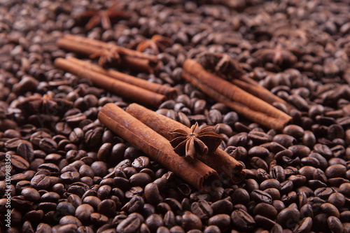 seasoning cinnamon (Cinnamomum) and anise (Anisium vulgare Gaerto) lies on the coffee beans background, close-up