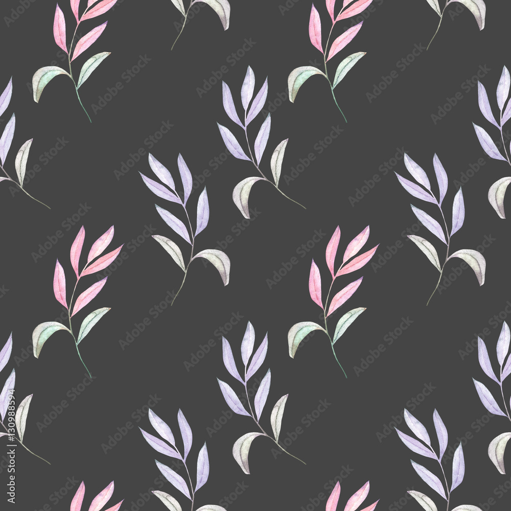 Fototapeta premium Seamless pattern with the watercolor branches with purple and pink leaves, hand painted isolated on a dark background