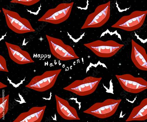 Vector Halloween seamless pattern with smiling vampire lips and flying hand drawn bats