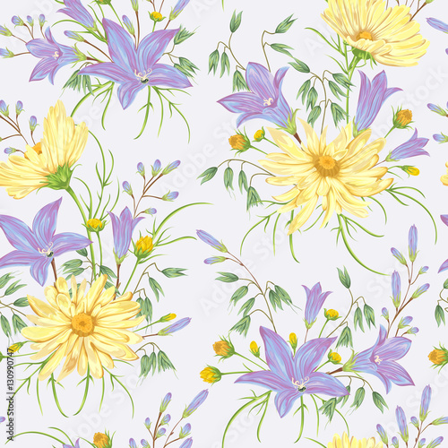 Seamless pattern with yellow chamomile flowers  blue bluebells flowers and oat. Rustic floral background. Vintage vector botanical illustration in watercolor style.