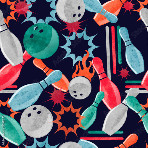 Watercolor bowling seamless pattern. Abstract vector dark background with colorful design elements. Bowling ball and pins.