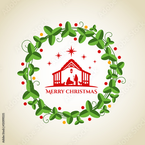Nightly christmas scenery: mary and joseph in a manger with baby Jesus in the crib and circle wreath graphics vector design