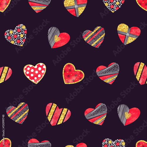 Valentines day background with patterned hearts. Vector romantic seamless pat...