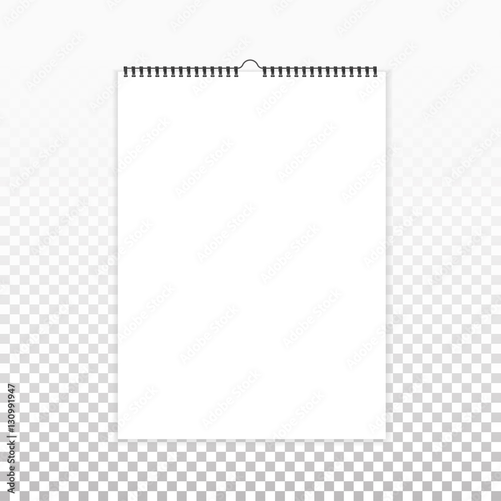 Realistic sheets of paper with spiral on a isolated transparent background. Blank calendar mock up. Design of white notebooks, horizontal wall calendars, cards. Stock vector. Realistic sheets of paper with spiral on a isolated transparent background. Blank calendar mock up. Design of white notebooks, horizontal wall calendars, cards. Stock vector.