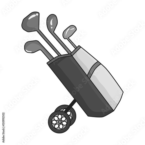 Golf bag on wheels with clubs icon in monochrome style isolated on white background. Golf club symbol stock vector illustration.