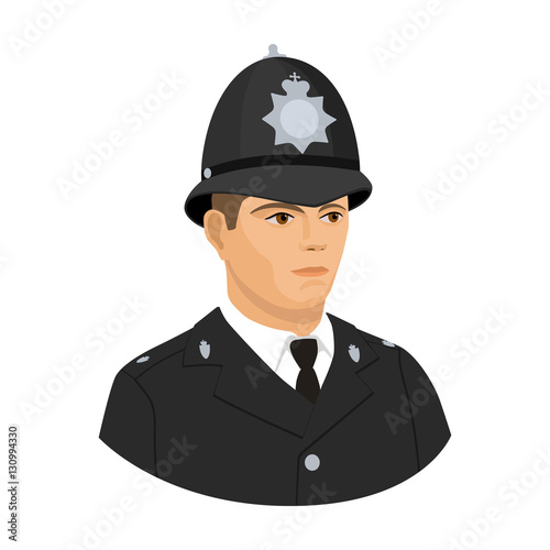 English policeman icon in cartoon style isolated on white background. England country symbol stock vector illustration.