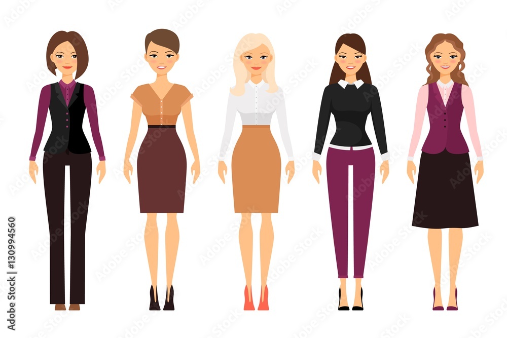 Women in office dress code in violet and beige colors on white background. Vector illustration Women in office dress code in violet and beige colors on white background. Vector illustration