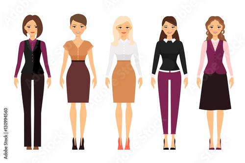 Women in office dress code in violet and beige colors on white background. Vector illustration