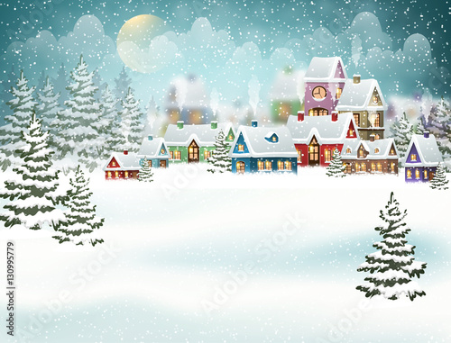 Winter village in the pine forest
