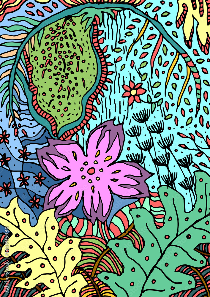 Fototapeta fresh flower floral pattern design, forest background, hand draw