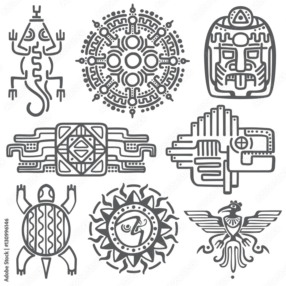 Ancient mexican vector mythology symbols. american aztec, mayan culture native totem patterns
