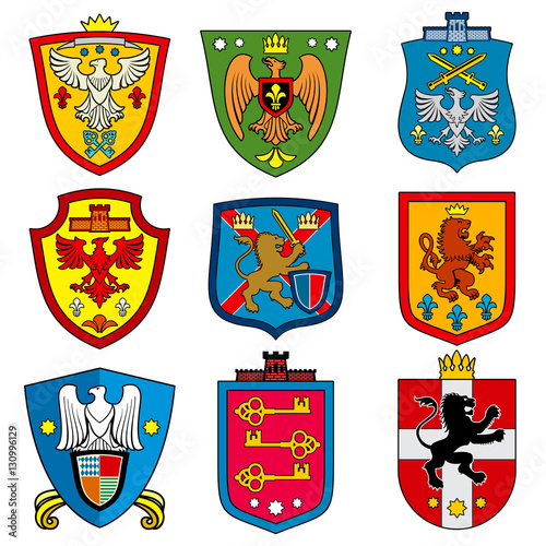 Family dynasty medieval royal coat of arms on shield vector set