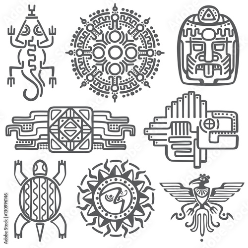 Ancient mexican vector mythology symbols. american aztec, mayan culture native totem patterns