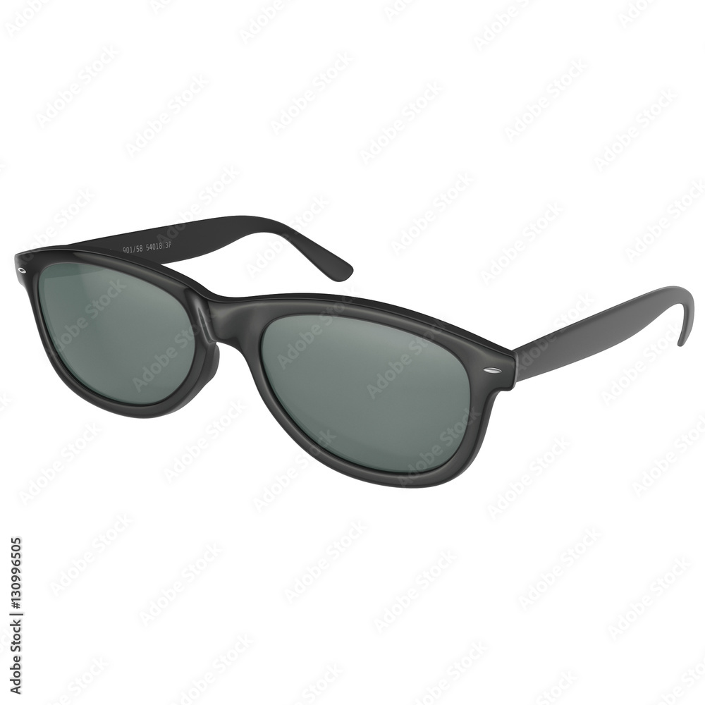 Cool sunglasses isolated on white. In black plastic frame. 3D illustration