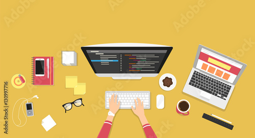 Human female hands typing on the computer keyboard and programming using laptop. Business desktop illustration on yellow background with smartphone, stationery and office elements