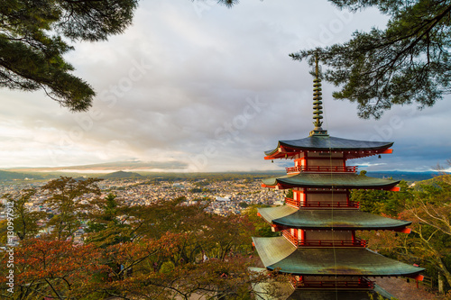 Mountain Fuji and Chureito red pagoda with colorful of tree leav