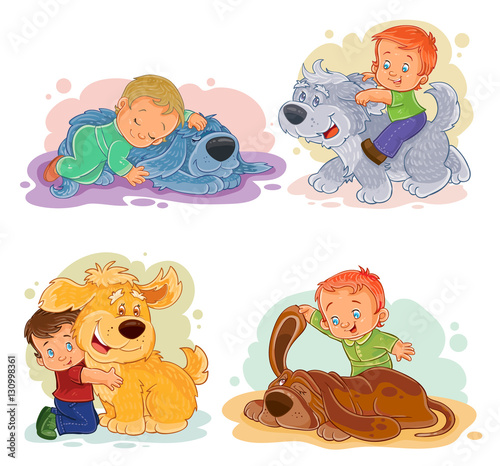 Clip art illustrations of little boys and their dogs