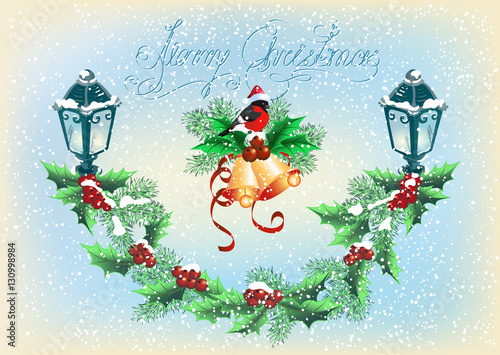 Christmas bells with bullfinch and lantern decorative with spruce and holly berries on snowfall  background