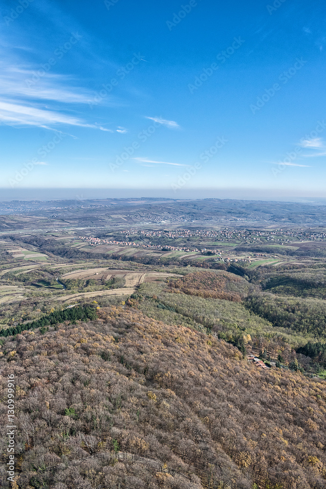 Aerial view on mountains, forests and villages  in Serbia