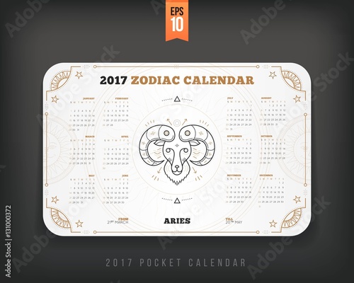 Aries 2017 year zodiac calendar pocket size horizontal layout White color design style vector concept illustration photo