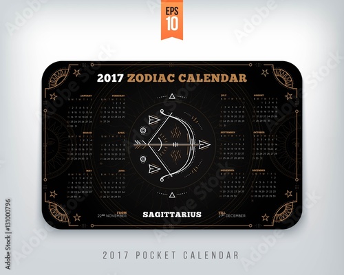 Sagittarius 2017 year zodiac calendar pocket size horizontal layout Black color design style vector concept illustration photo