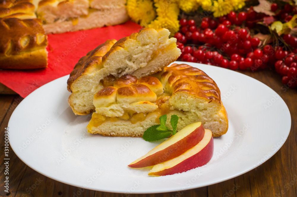 Slice of mouth watering rustic apple pie. Top view. Close-up Slice of mouth watering rustic apple pie. Top view. Close-up