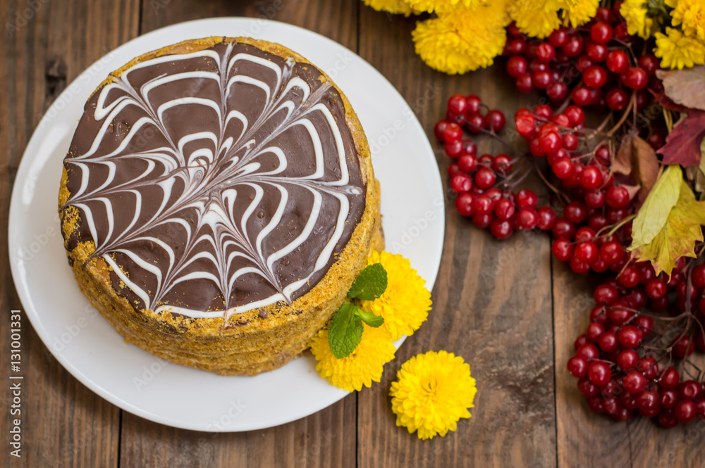 Traditional Hungarian Esterhazy cake .selective focus . with chocolate piece a name of the : Traditional Hungarian Esterhazy cake .selective focus . with chocolate piece a name of the :