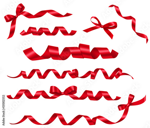 Set of decorative red ribbons and bows for gift decor isolated on white. Vector holiday decoration