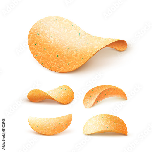 Set of Potato Crispy Chips Close up Isolated on Background