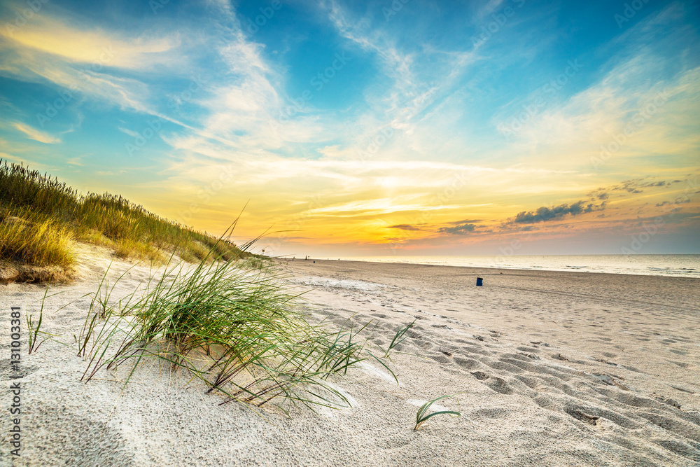 Sand dunes against the sunset light on the beach in northern Poland