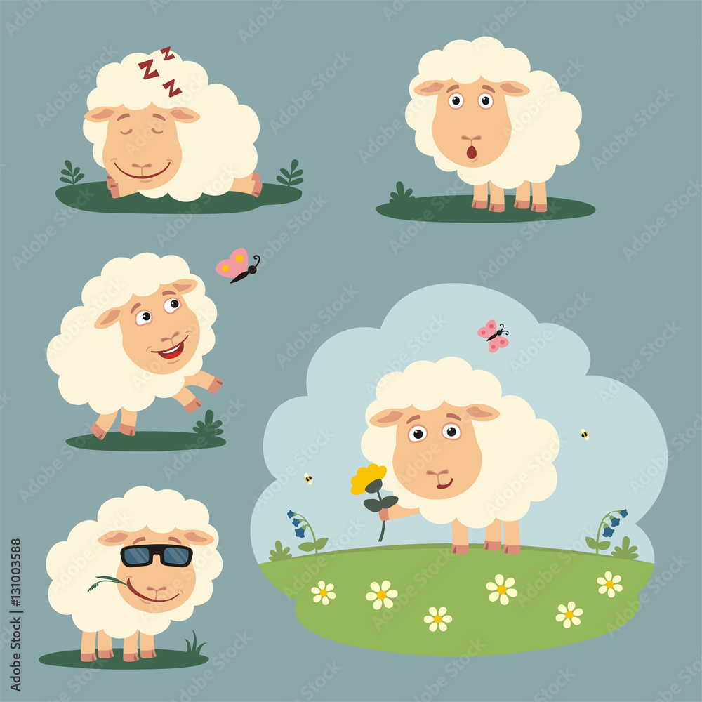 Vector set sheep in different poses on summer meadow with flowers. Collection funny sheep in cartoon style. Vector set sheep in different poses on summer meadow with flowers. Collection funny sheep in cartoon style.