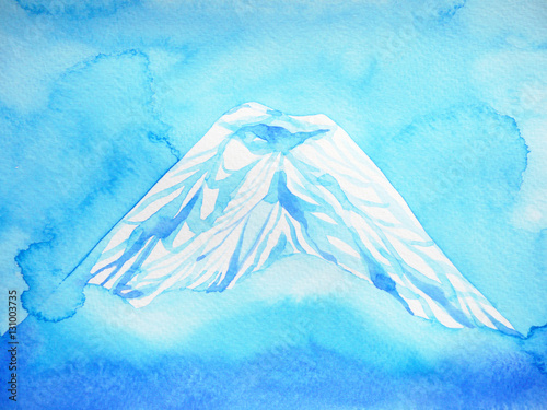 Fuji mountain watercolor painting on paper, hand drawing