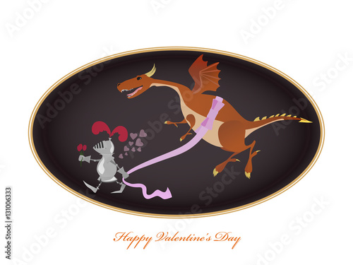 Funny picture with knight and dragon. Valentine Day greeting card.