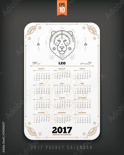 Leo 2017 year zodiac calendar pocket size vertical layout White color design style vector concept illustration photo