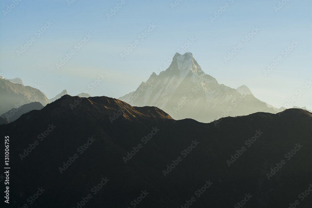 Mountain peak with morning light on white background