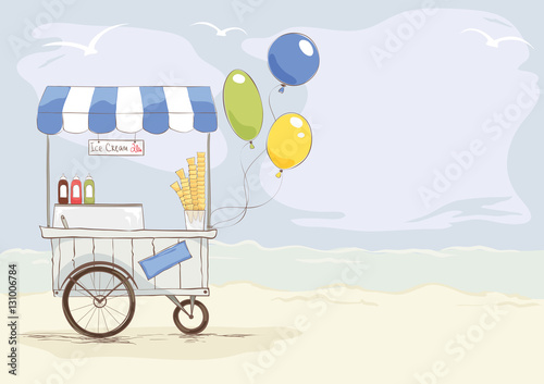 Ice cream shop on the beach/ Vector illustration on the theme of street food