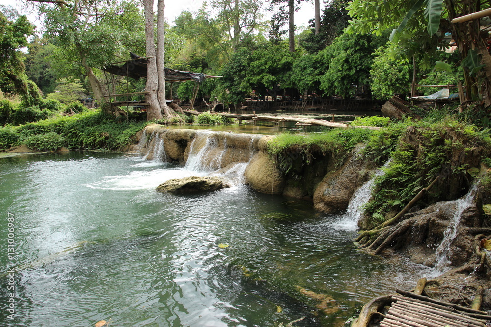 Naklejka premium small little liver waterfall with tree and green water