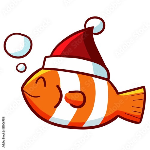 Cute and funny clown-fish wearing santa's hat for christmas - vector. Stock  Vector