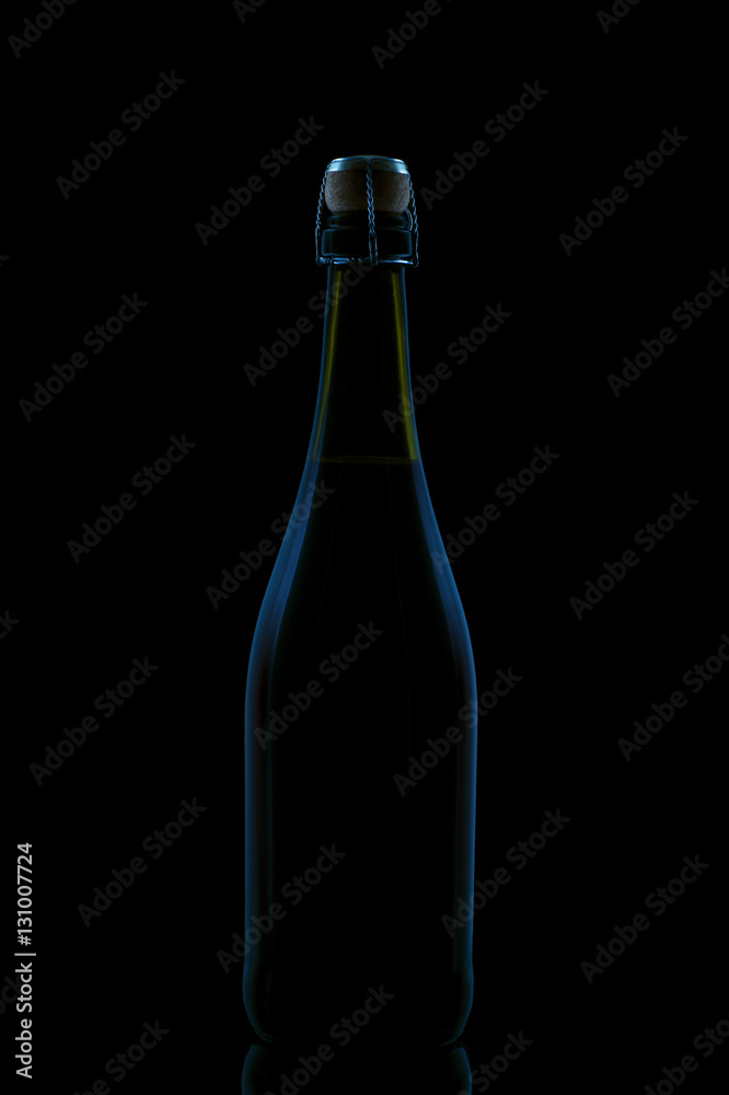 Bottle of champagne on black background. Silhouette of a bottle of sparkling wine. Bottle of champagne on black background. Silhouette of a bottle of sparkling wine.