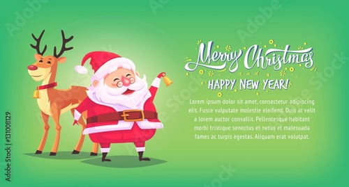 Cute cartoon Santa Claus ringing bell with reindeer Merry Christmas vector illustration horizontal banner