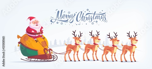 Cute cartoon Santa Claus riding reindeer sleigh Merry Christmas vector illustration Greeting card poster horizontal banner