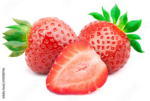 Perfectly retouched strawberry with sliced half and leaves isolated on white background with clipping path