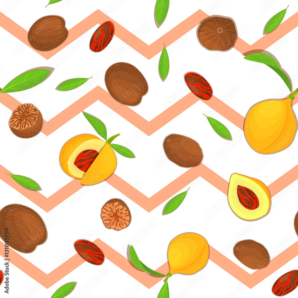 Vector seamless pattern Nutmeg spice fruit. Striped zig-zag background with Nutmeg nuts fruit in the shell, whole, shelled, leaves appetizing looking for design of healthy food, printing on fabric Vector seamless pattern Nutmeg spice fruit. Striped zig-zag background with Nutmeg nuts fruit in the shell, whole, shelled, leaves appetizing looking for design of healthy food, printing on fabric