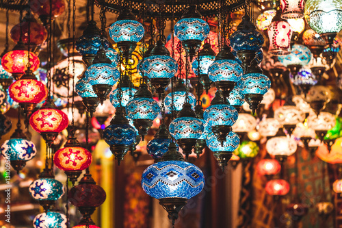 Amazing traditional handmade turkish lamps in souvenir shop. Mos