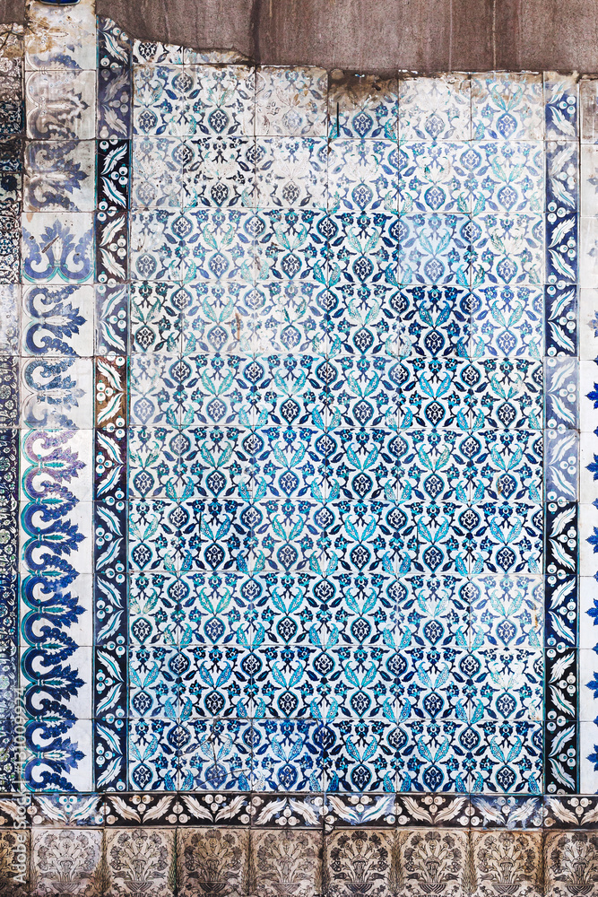 Seamless pattern white Turkish tiles with blue ornaments. Old Seamless pattern white Turkish tiles with blue ornaments. Old