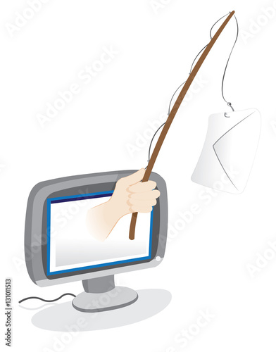 a vector cartoon representing a human hand popping out from a pc monitor and keeping a wooden phishing rod with a closed letter hanging as a bait. Spam and phishing concept