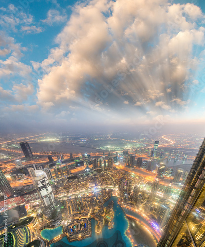 Downtown Dubai aerial view as seen at sunset